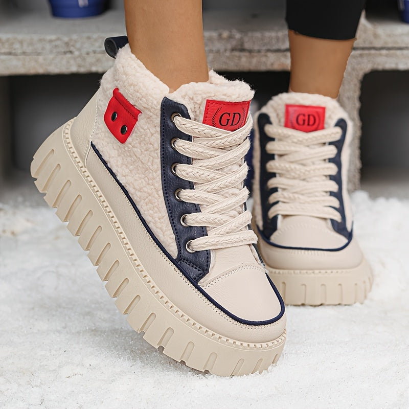 Botas Femininas de Inverno 2025, Cano Alto e Grosso com Forro de Fleece, Sapatos Esportivos Versáteis com Sola Grossa para Clima Frio