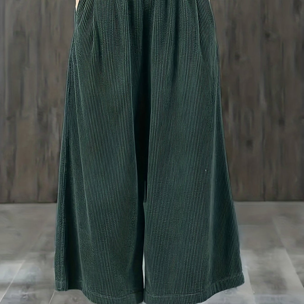 Wide-Leg Corduroy Pants with Elastic Waist and Pockets