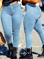Calças Jeans Plus Size Femininas - Elegante Cintura Alta Skinny Lápis, Super Elástica, Denim Lavado Azul Claro para Todas as Estações | Calça Justa Flare Conforto com Botões em Cor Sólida Casual Streetwear – Escolha Ideal Outono/Inverno