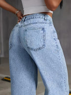 Calças jeans femininas 2025 novas, pernas largas e retas com lavagem ácida azul claro, controle de barriga, cintura alta, confortáveis, bolsos, elegantes para viagens, trabalho ou escritório