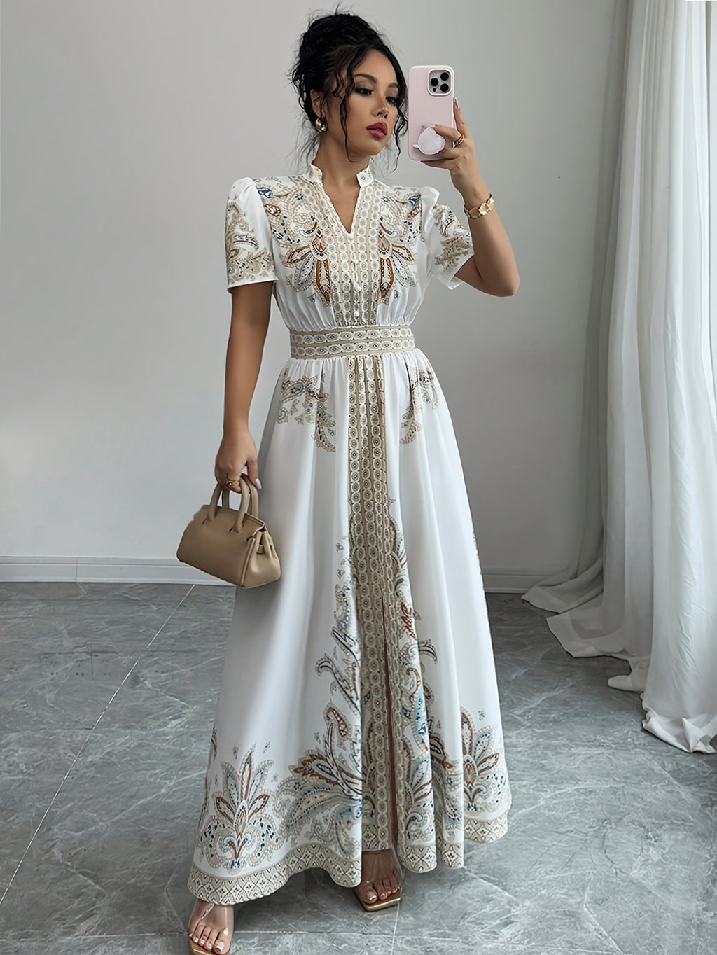 Vestido Maxi Elegante com Estampa Floral Bohemiana com Mangas Puff e Cintura Cinchada - Branco com Acentos Azuis e Dourados, Perfeito para Primavera/Verão/Outono, Vestuário Casual Elegante | Vestido com Estampa Floral | Design de Cintura Cinchada, Vestido Floral