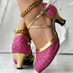 Sapatos De Dança Latina D'Orsay Com Brilho Para Mulheres, Saltos Médios Robustos Com Fivela Cruzada, Sapatos De Dança Elegantes Para Todas As Ocasiões