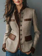 Casaco Casual Elegante Vintage Feminino PU Patchwork Estiloso Gola Alta Abotoadura Simples