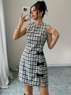 Vestido Curto Feminino Estilo Francês - Ajuste Slim Sem Mangas Gola Redonda com Laço Preto e Branco, Casual a Elegante para Primavera/Outono, Convidada de Casamento, Festa, Brunch - Coleção Especial Elegante (Sem Acolchoado)