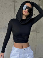 Top Recortado Com Capuz De Cor Sólida, Top Fino De Manga Comprida Y2K, Roupas Femininas