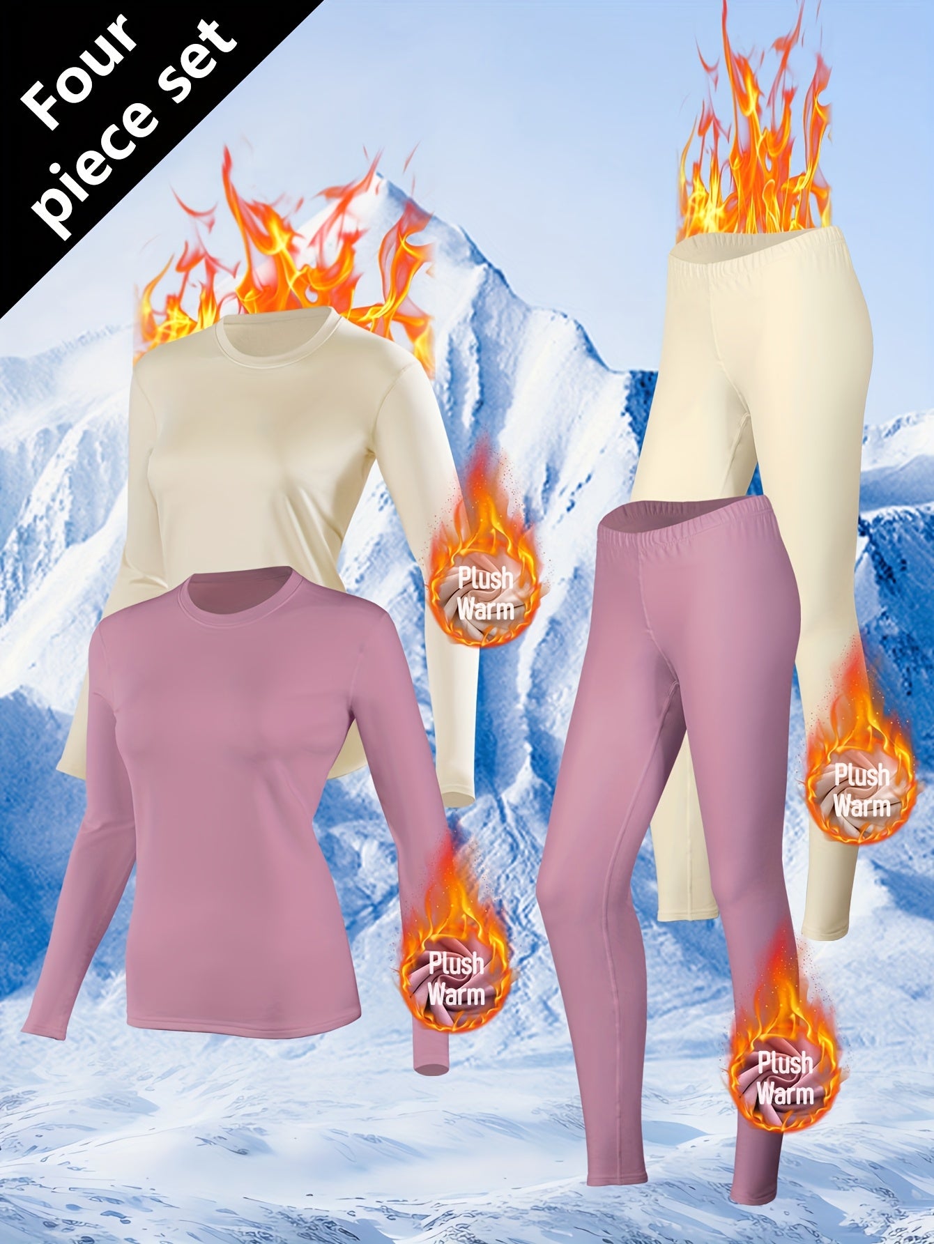 Conjunto de 4 Peças para Mulheres: Roupa Íntima Quente com Forro Polar, Camiseta e Calça Térmica para o Inverno