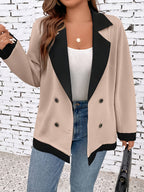 Tamanho Grande - Casaco Casual Feminino Oversize com Abotoadura Dupla e Bloco de Cores para o Dia a Dia
