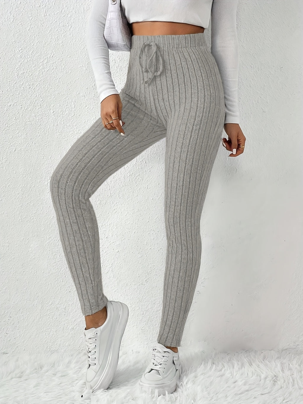 Leggings de cintura alta em cor sólida com cordão falso, com nervuras, Skinny Casual Stretchy Leggings para uso diário, Roupa de mulher