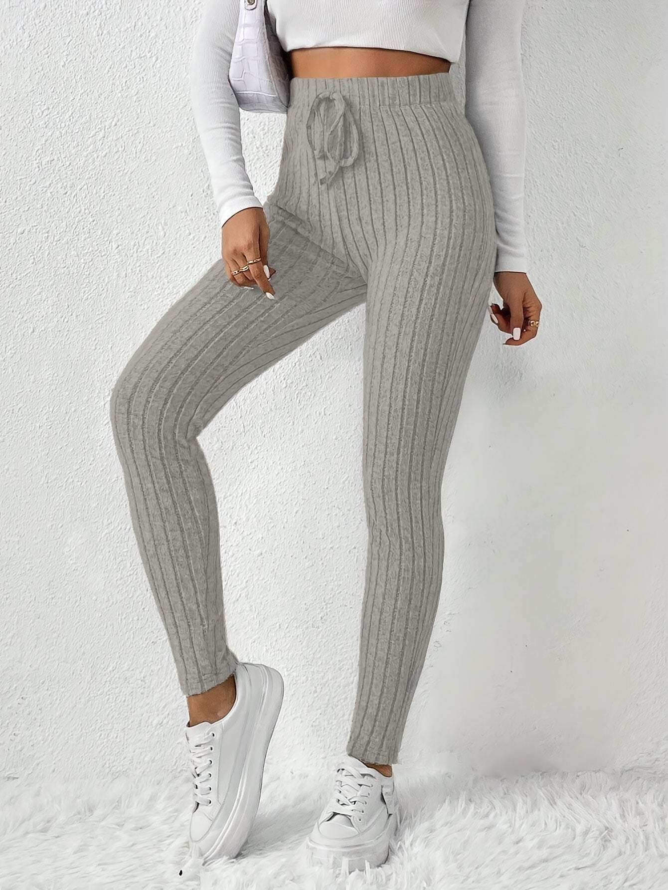 Leggings de cintura alta em cor sólida com cordão falso, com nervuras, Skinny Casual Stretchy Leggings para uso diário, Roupa de mulher