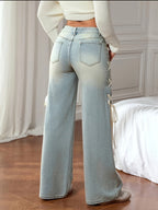 Calças Jeans AW25 de Cintura Alta e Perna Larga para Mulheres, Calças Casuais Roupas Desgastadas e Folgadas