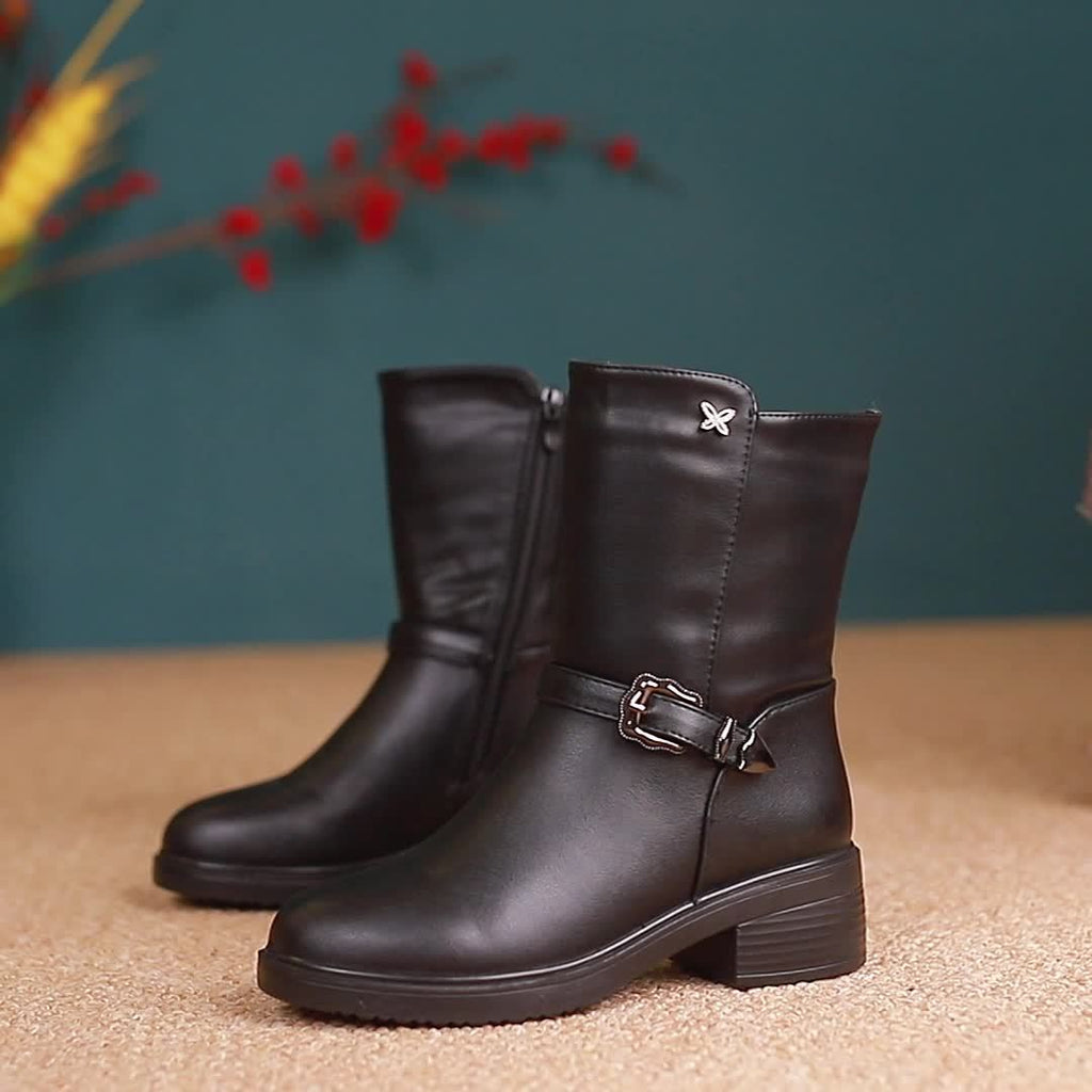 Botas Femininas de Cano Médio, Botinhas Curtas Forradas com Pelúcia para Aquecimento no Inverno