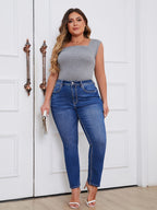 Calças Jeans Femininas Plus Size de Cintura Alta em Stretch, Modelagem Reta com Bolsos Inclinados e Estilo Vintage, Azul, Confortáveis para Uso Diário