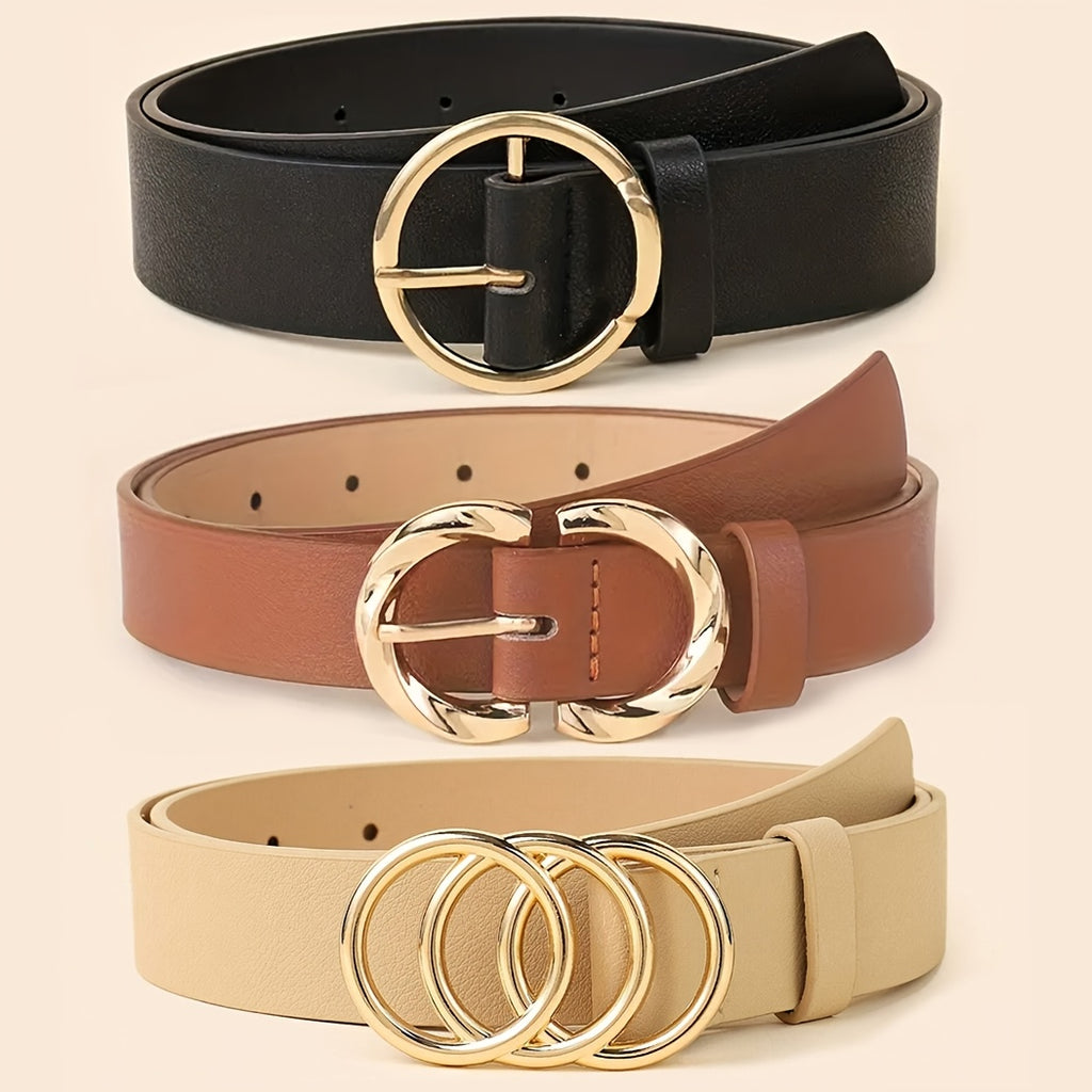 Um conjunto de três cintos minimalistas e elegantes para mulheres, cintos clássicos para jeans e vestidos, com um design que inclui três, dois e um fecho de metal, cintos de cor sólida elegantes, perfeitos para acessórios de cintura no dia a dia.