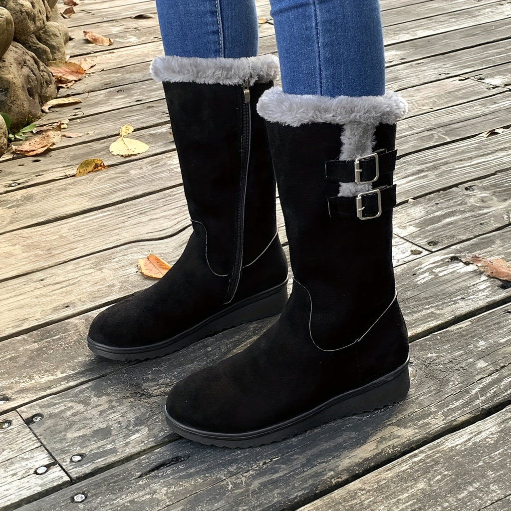 Botas de Inverno para Mulheres - Botas de Meia-Perna com Fecho de Zíper, Sola TR Antiderrapante - Forro Quente de Pele Falsa - Salto Baixo para Uso Diário e Formal - Sapatos Pretos para Clima Frio, Sapatos de Inverno, Calçado de Bico Redondo, Forro Interno de Pelúcia, Calçado Casual, Calçado Confortável, Forro Quente, Roupa de Escritório