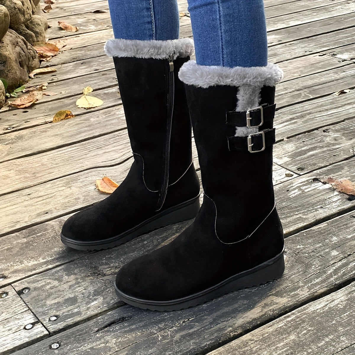Botas de Inverno para Mulheres - Botas de Meia-Perna com Fecho de Zíper, Sola TR Antiderrapante - Forro Quente de Pele Falsa - Salto Baixo para Uso Diário e Formal - Sapatos Pretos para Clima Frio, Sapatos de Inverno, Calçado de Bico Redondo, Forro Interno de Pelúcia, Calçado Casual, Calçado Confortável, Forro Quente, Roupa de Escritório