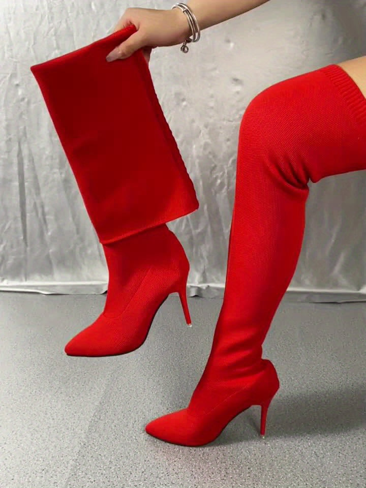 Botas Elegantes Femininas Até ao Joelho - Sapatos de Salto Alto em Fato, Parte Superior em Tecido e Sola de Borracha, Sapatos Formais e Casuais para Mulheres para Todas as Estações, Botas de Salto Alto