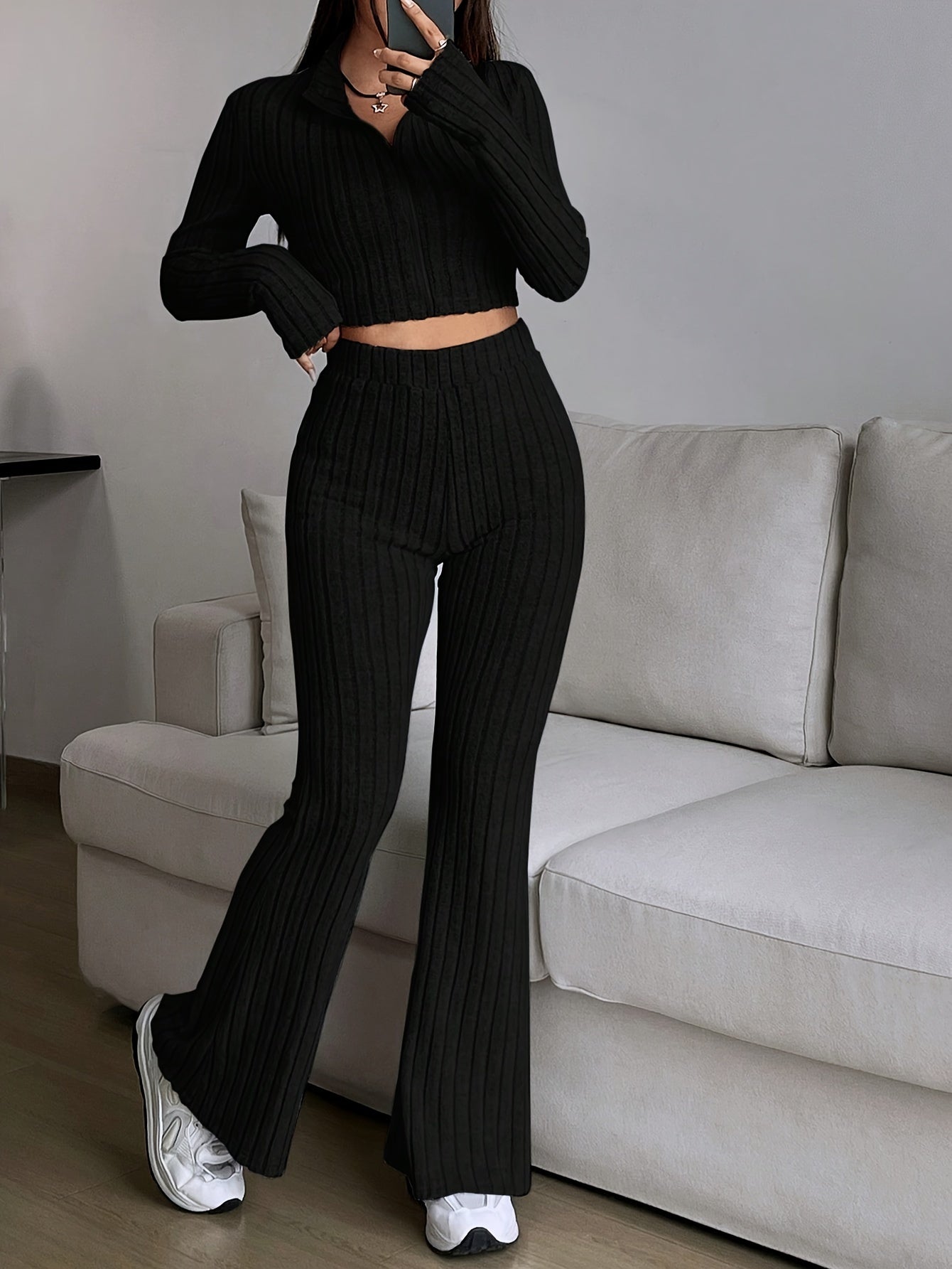Cardigã Cropped e Calça Wide-Leg de Cintura Alta em Cores Sólidas para Primavera/Outono Casual e Estilosa