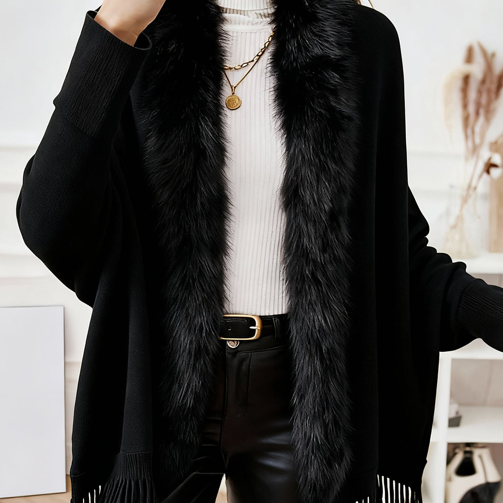 Elegant Faux Fur Collar Batwing Sleeve Poncho