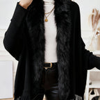 Elegant Faux Fur Collar Batwing Sleeve Poncho