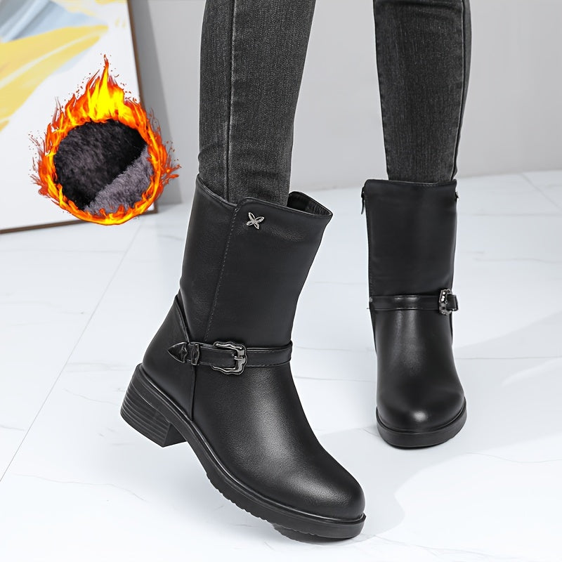 Botas Femininas de Cano Médio, Botinhas Curtas Forradas com Pelúcia para Aquecimento no Inverno