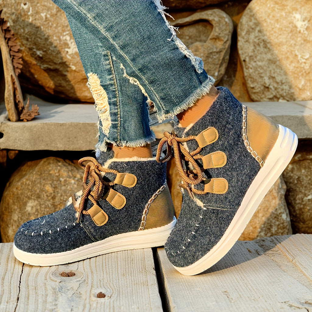 Botas de Inverno para Mulheres com Sola de Plataforma Grossa - Bege/ Botas de Cano Alto com Atacadores, Sola de EVA Antiderrapante para Clima Frio, Eventos Diários e Formais - Sapatos Quentes para as Estações de Outono e Inverno, Calçado de Estação, Design de Bico Redondo, Construção Durável, Mulheres Conscientes da Moda