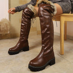 Botas de Inverno Femininas com Solado Grosso e Pelúcia - Botas Retrô de Cano Alto com Zíper, Ideais para Inverno, Looks Casuais e Clima Frio - Forro Quente e Solado de Borracha para Estabilidade (Botas)