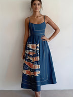 Vestido Vintage Abstrato com Estampa de Peixe - Azul Marinho e Laranja, Sem Mangas, Decote Ombro a Ombro, Saia A-Line Solta e Flare, Lavável à Máquina para Primavera Verão Outono, Moda Sazonal, Detalhe em Alças, Tecido Não Transparente, Roupa Casual ou Formal, Ideal para Férias, Vestuário Moderno