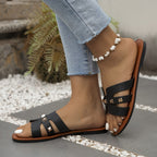 Sandálias Chinelas Femininas Chiques - Abertas Casualmente, Falso Cobertura com Tiras de Fivela Douradas, Sola de Borracha Confortável - Calçado Versátil para Todas as Estações