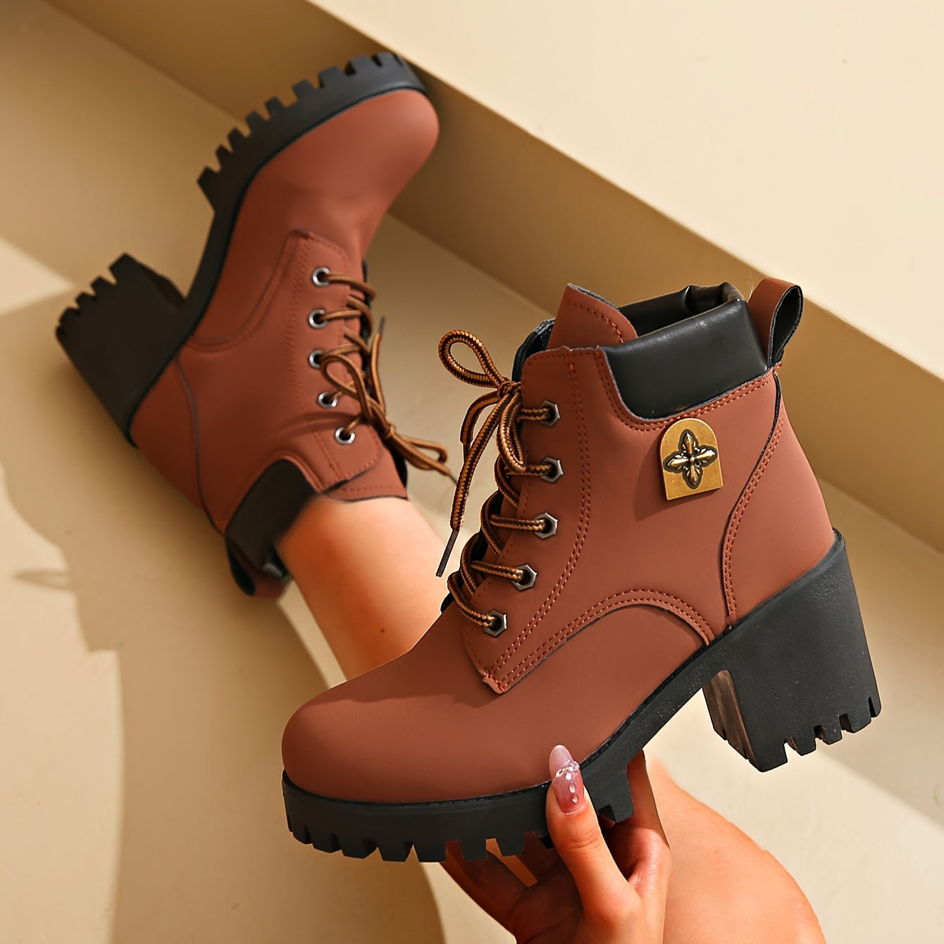 Botas de salto alto bege femininas com design de atacadores, biqueira redonda, salto bloco, botas de inverno elegantes, botas de inverno|Botas de biqueira redonda|Botas de atacadores