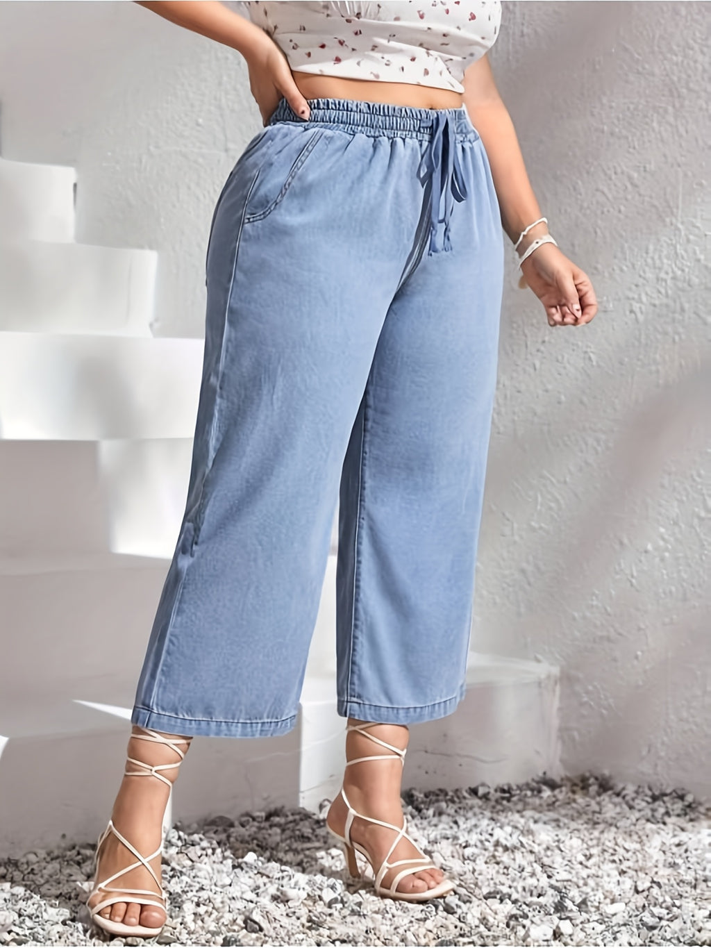 Calças de ganga largas de tamanho grande para mulheres com cintura ajustável - Estiramento médio, cor sólida, ajuste confortável para todas as estações, roupa casual | Calças de estilo casual | Tecido elástico