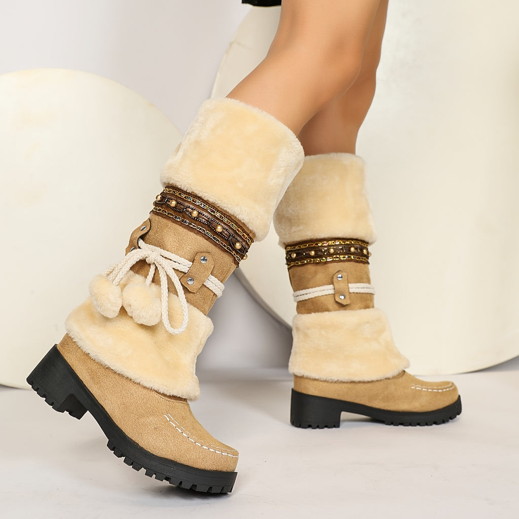 Botas de Inverno Retrô Bohemian Femininas com Detalhes de Bolas de Miçangas e Laço - Botas de Cano Médio com Solado de Borracha Grossa e Forro de Pele Sintética para Passeios Casuais, Encontros, Compras - Preto, Botas de Inverno