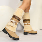 Botas de Inverno Retrô Bohemian Femininas com Detalhes de Bolas de Miçangas e Laço - Botas de Cano Médio com Solado de Borracha Grossa e Forro de Pele Sintética para Passeios Casuais, Encontros, Compras - Preto, Botas de Inverno