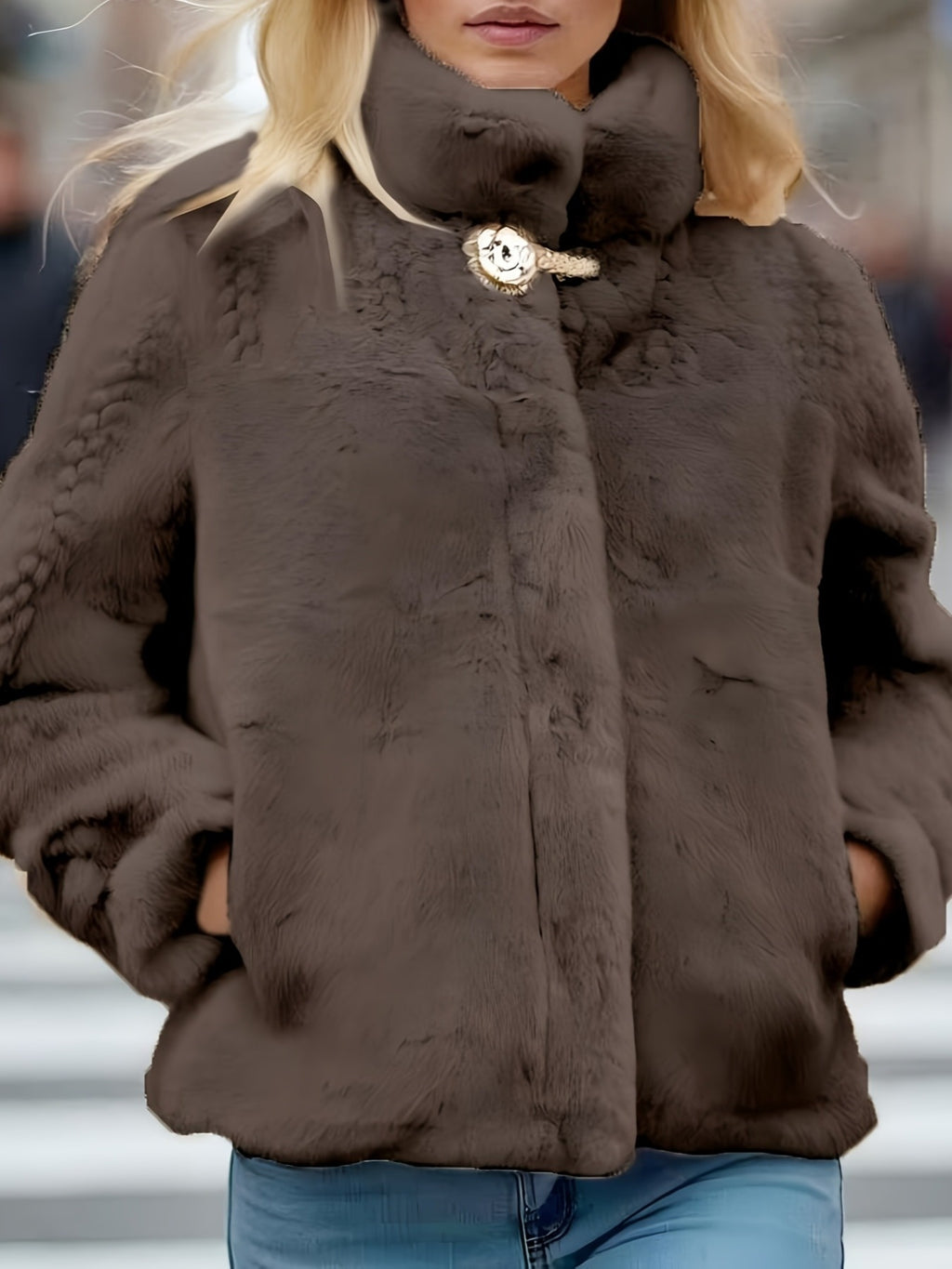 Casaco Curto de Inverno Feminino com Gola - Jaqueta Elegante e Quente, Fechamento com Botões, Lavável na Máquina, Comprimento Curto para Outono/Inverno, Design de Cor Sólida (Sem Transparência) - Ideal para Uso Diário/Casual