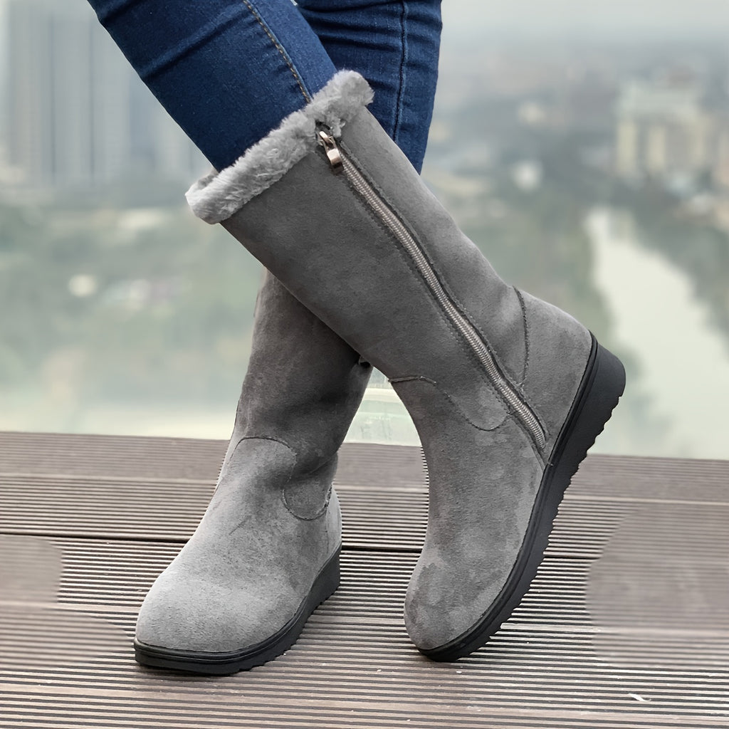 Botas de Inverno para Mulheres - Botas de Meia-Perna com Fecho de Zíper, Sola TR Antiderrapante - Forro Quente de Pele Falsa - Salto Baixo para Uso Diário e Formal - Sapatos Pretos para Clima Frio, Sapatos de Inverno, Calçado de Bico Redondo, Forro Interno de Pelúcia, Calçado Casual, Calçado Confortável, Forro Quente, Roupa de Escritório