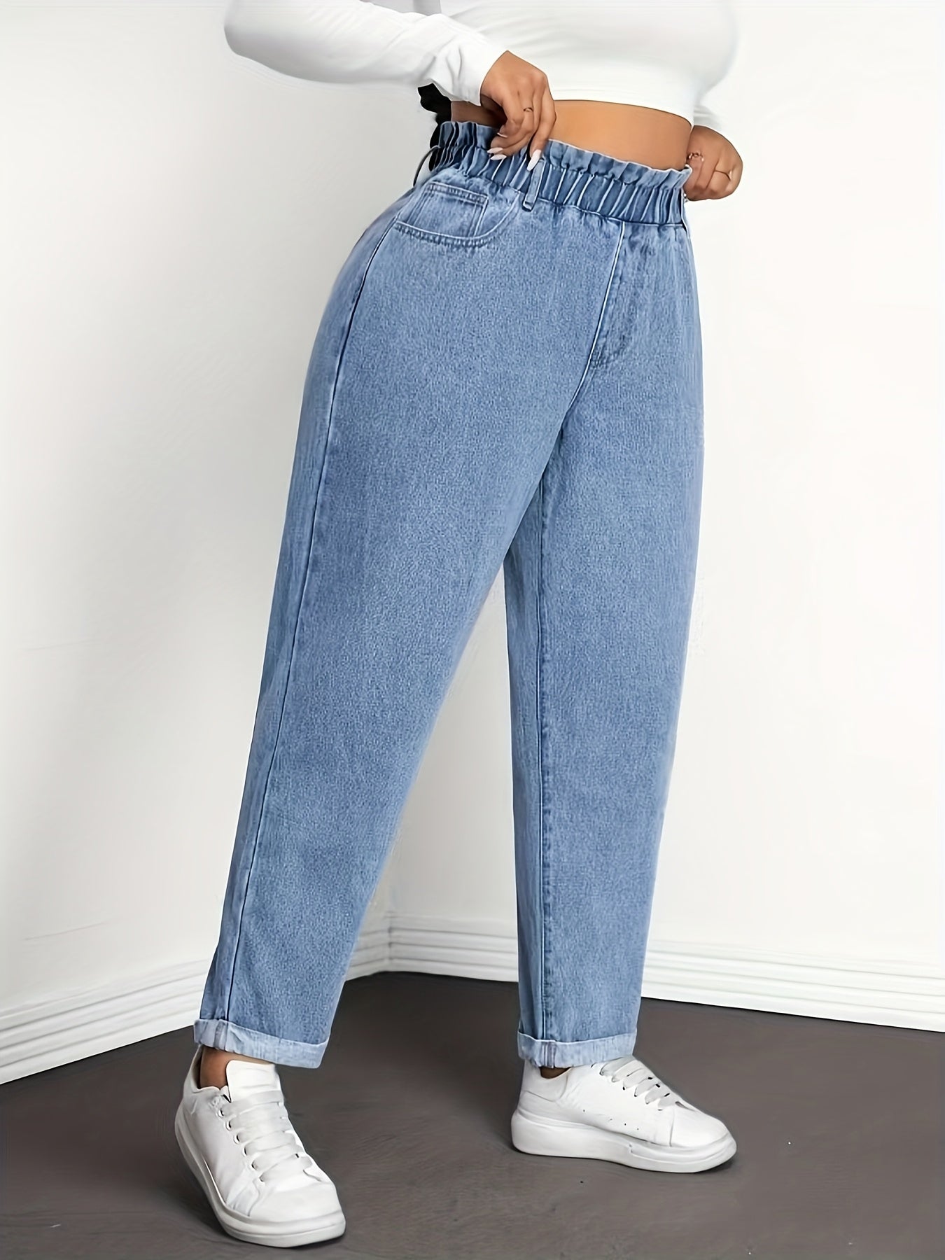 Calças Jeans Femininas de Cintura Alta - Cós Elástico que Não Deixa o Ventre à Vista, Calças Clássicas em Tecido Denim Sem Elasticidade para Uso Diário e Formal, Modelo H-Line Elegante e Casual