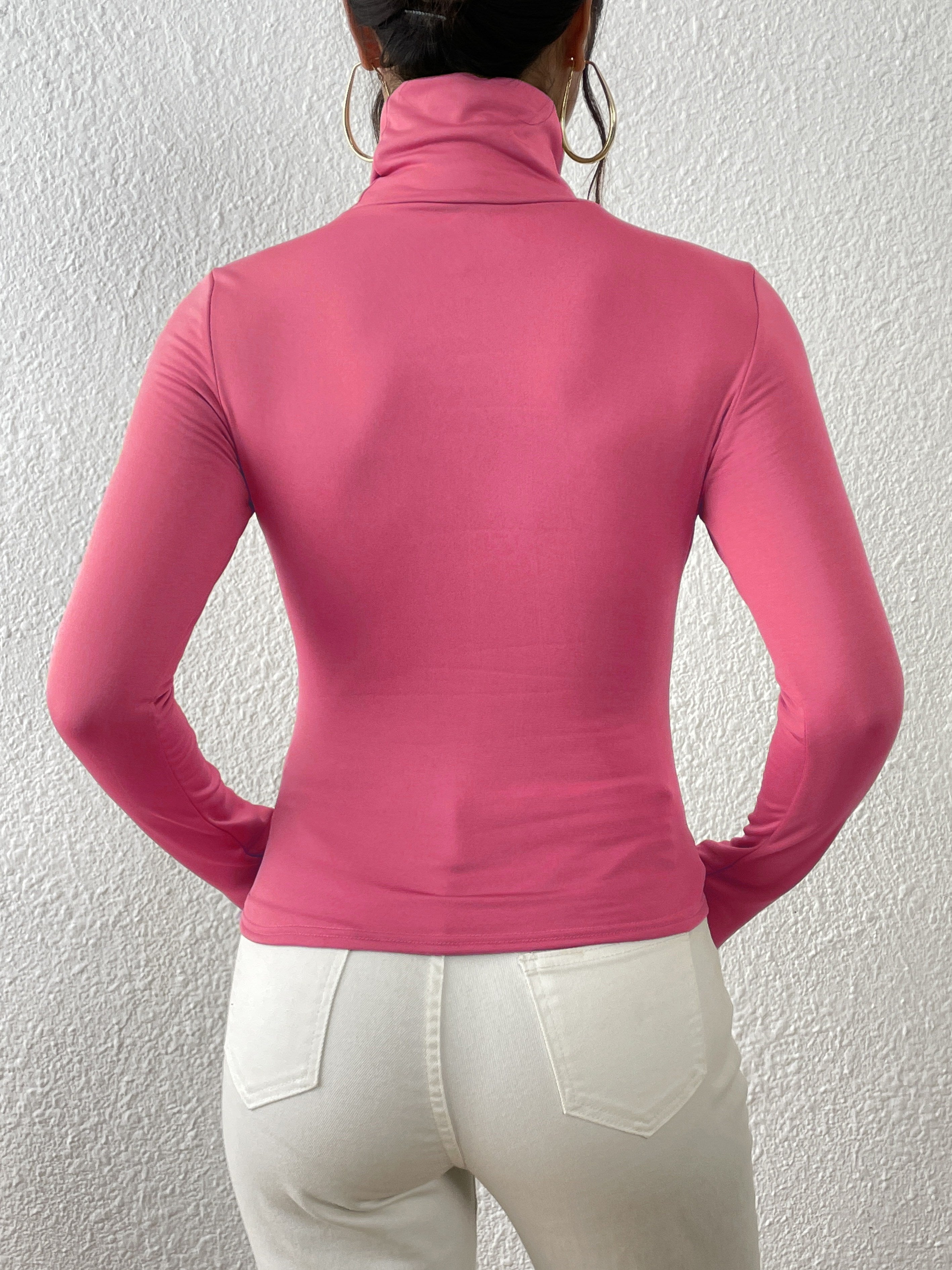 Top de corte alto de manga comprida para mulher - Mistura de poliéster preto elástico, corte casual chic com detalhe de botão, perfeito para outono/inverno, top casual chic|Estilo minimalista|Mistura de poliéster