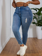 Jeans Skinny de Cintura Alta para Mulheres - Jeans Skinny com Elástico, Franja na Barra e Passantes para Cinto, Calças Azuis Ajustadas para Todas as Estações com Jaquetas de Jeans (Lavável à Mão) - Jeans  e Elásticos para Mulheres Curvilíneas