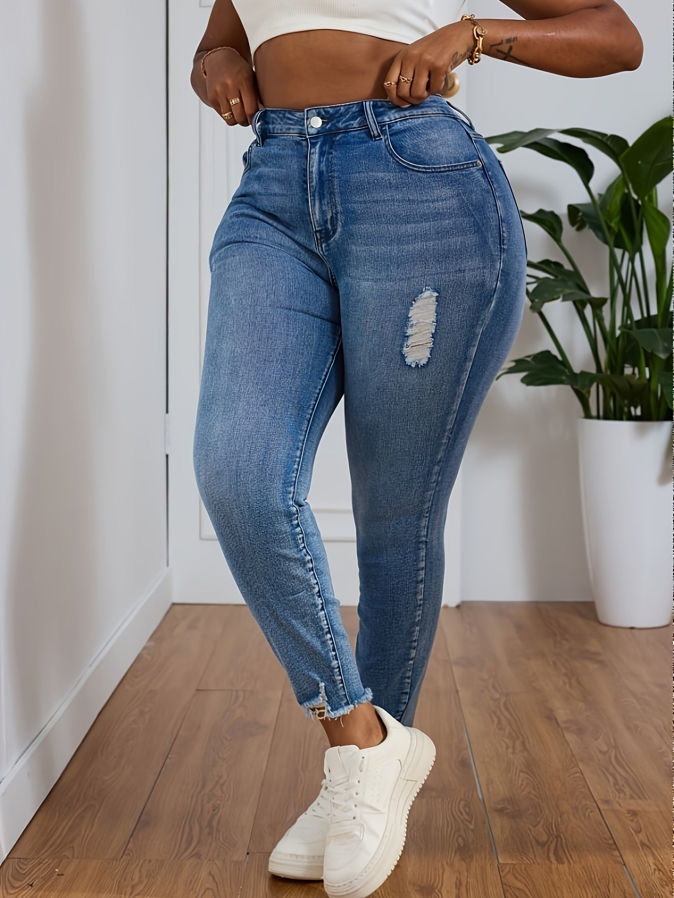 Jeans Skinny de Cintura Alta para Mulheres - Jeans Skinny com Elástico, Franja na Barra e Passantes para Cinto, Calças Azuis Ajustadas para Todas as Estações com Jaquetas de Jeans (Lavável à Mão) - Jeans  e Elásticos para Mulheres Curvilíneas