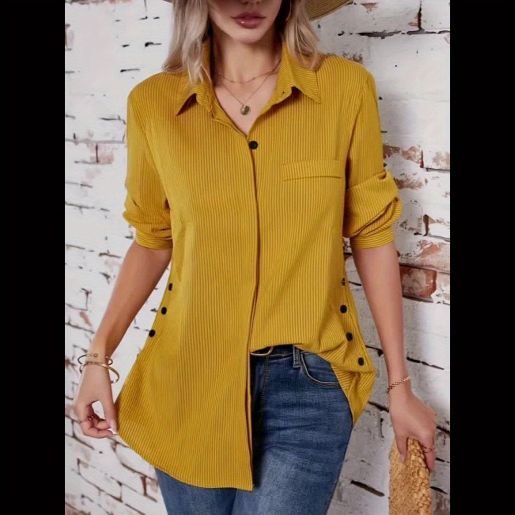 Blusa Com Botão Lateral Sólido, Blusa Com Colar Boho E Mangas Enroláveis, Roupas Femininas