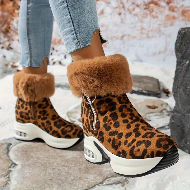 Botas de Plataforma MZMQS para Mulheres com Fecho de Zíper - Sola Grossa Antiderrapante em PU, Sapatos Quentes para o Inverno - Botas Pretas para Looks Casuais e Formais, Aumento Confortável de Altura, Design com Babado Peludo, Calçados Duráveis e Forrados a Lã, Moda Feminina