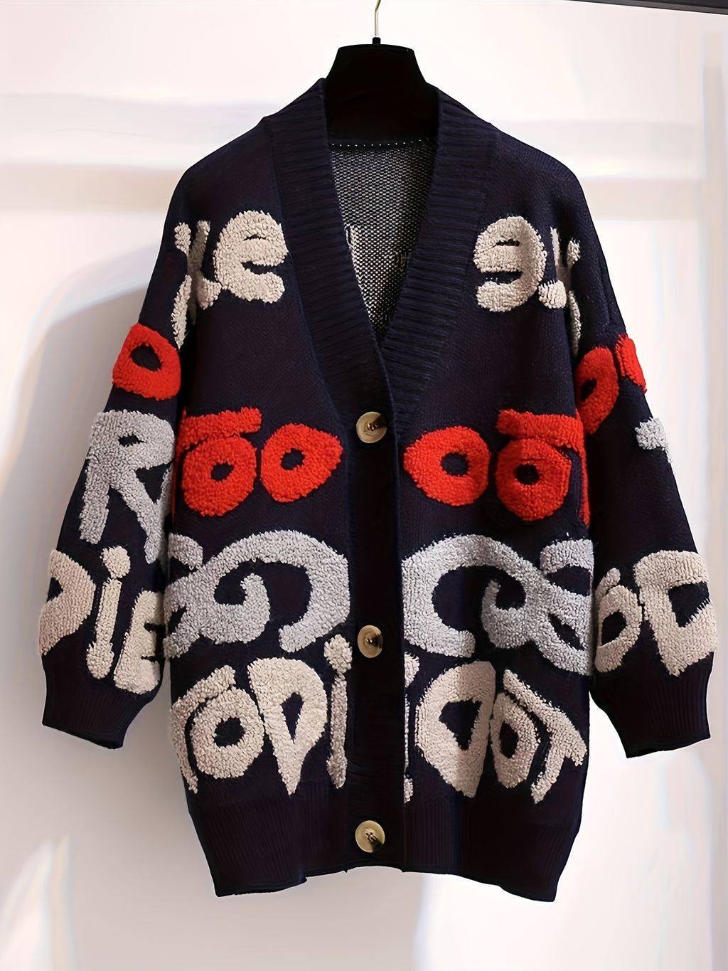 Cardigan de botão com padrão de letras, cardigan casual de manga longa para outono e inverno, roupas femininas