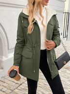 Casaco com Capuz Feminino para Outono e Inverno | Elegante Cor Sólida em Tecido Sem Elasticidade com Detalhes de Cordão, Casaco Quente Leve de Alta Qualidade para Uso Diário.