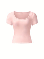 4 peças de camisetas de manga curta para mulheres - Tops curtos de cor sólida com decote em U, Tops de verão casuais elásticos em branco, preto, marrom e cinza, Versáteis para atuário casual, Blusas de top curto