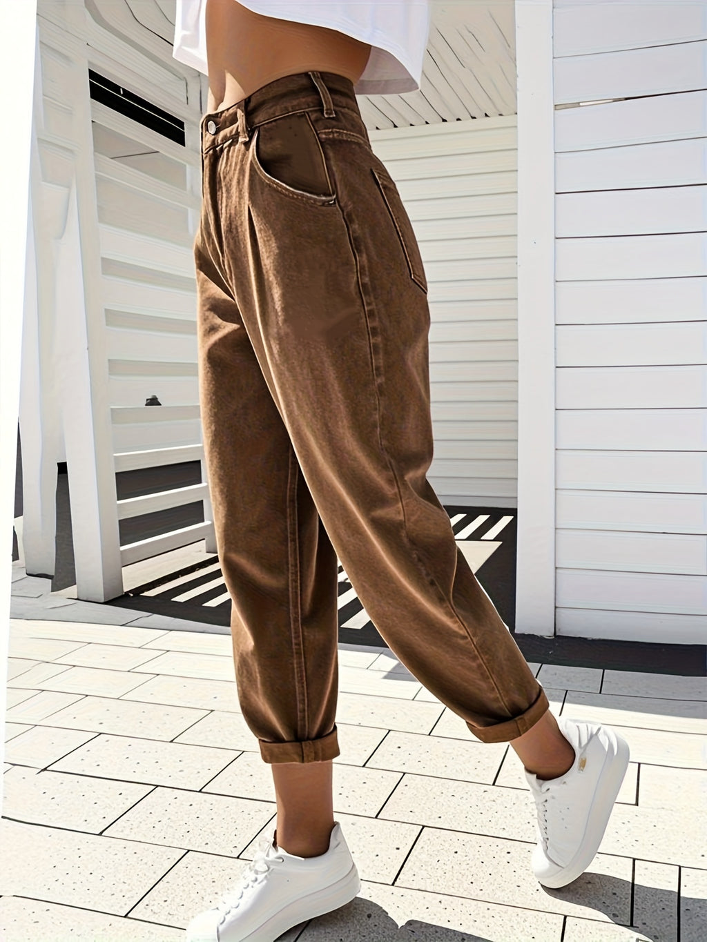 Calças Jeans Femininas de Cintura Alta e Perna Larga - 7/8 Comprimento Tapered no Tornozelo, Cintura com Passantes e Bolsos, Calças Marrons para Todas as Estações, do Casual ao Formal, para Trabalho, Viagem e Looks Diários (Lavável na Máquina) - Denim com Controle de Barriga