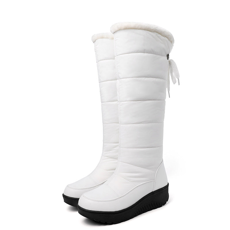 Botas de neve brancas para mulheres - Botas de inverno confortáveis até o meio da panturrilha com forro de pele sintética fofa, sola de borracha antiderrapante, salto plano e abertura lateral com fecho de correr para atividades ao ar livre, calçado de inverno | Botas de neve elegantes | Calçado durável