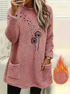 Camisola de Manga Comprida para Mulher com Forro de Lã Aconchegante e Estampado de Dente-de-Leão - Suave, Elástica e Casual para o Outono/Inverno, Laranja, Gola Redonda, Corte Normal, Roupa Casual|Top com Estampado de Dente-de-Leão|Tecido Elástico, Camisola e Camisola de Malha para Mulher, Camisola de Mulher, Camisolas de Mulher, Camisolas de Mulher Outono, roupa mulher inverno, camisolas mulher outono, camisola mulher outono