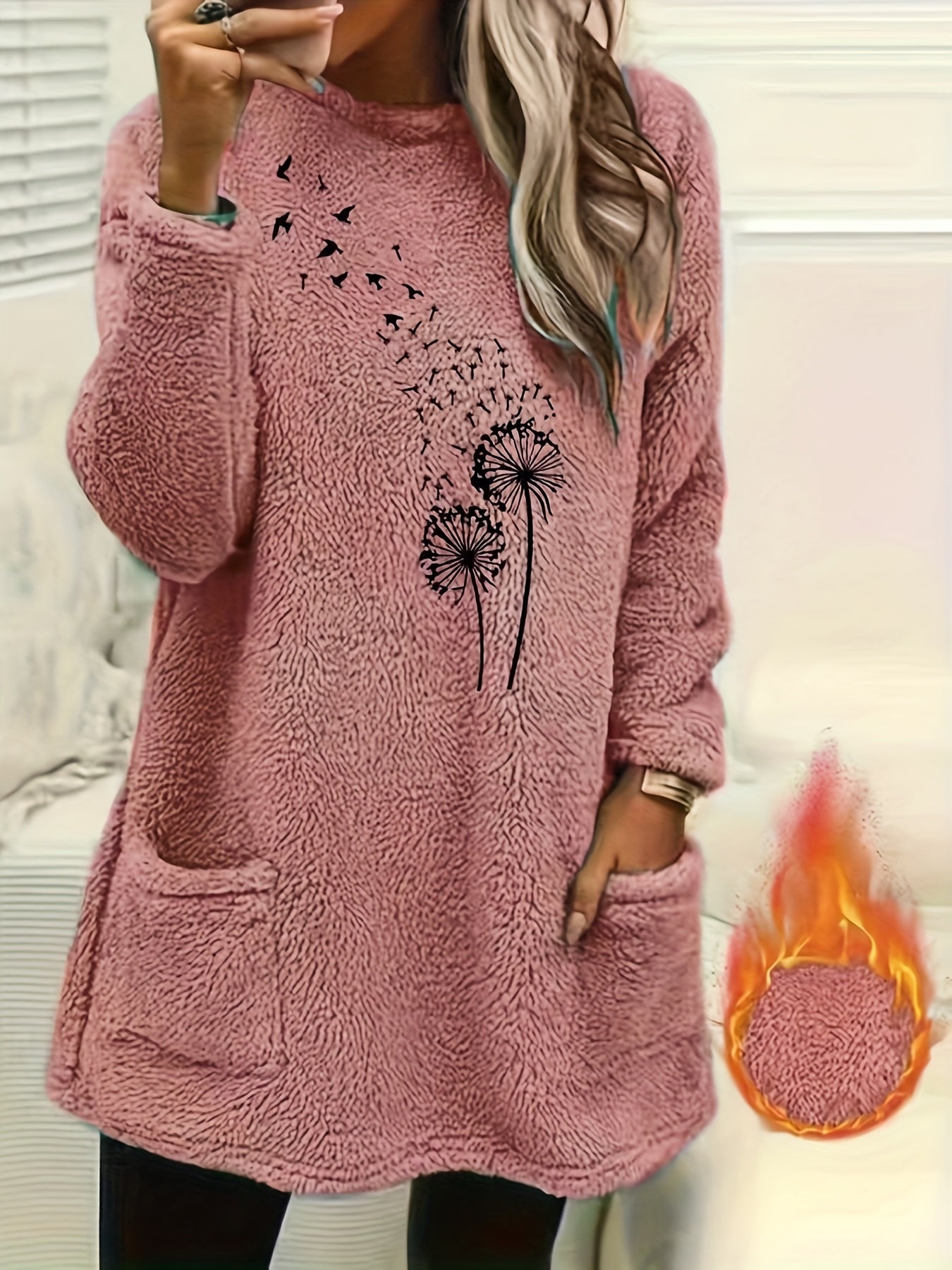 Camisola de Manga Comprida para Mulher com Forro de Lã Aconchegante e Estampado de Dente-de-Leão - Suave, Elástica e Casual para o Outono/Inverno, Laranja, Gola Redonda, Corte Normal, Roupa Casual|Top com Estampado de Dente-de-Leão|Tecido Elástico, Camisola e Camisola de Malha para Mulher, Camisola de Mulher, Camisolas de Mulher, Camisolas de Mulher Outono, roupa mulher inverno, camisolas mulher outono, camisola mulher outono