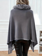 1pc Casaco Cardigan Poncho de Mulher com Gola de Pelo Sintético e Mangas Morcego | Cor Sólida com Borlas, Acabamento de Pelo Fofinho, Estilo Europeu Elegante, Casaco de Camisola Quente para Outono/Inverno, 70% Acrílico 30%, Lavar à Mão, Ideal para Deslocações e Uso Doméstico