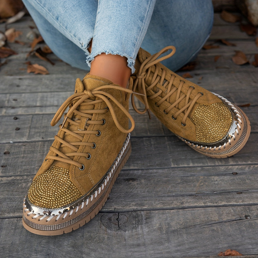 Botas de Inverno com Plataforma Grossa, Decoradas com Strass e Cadarço para Mulheres - Botins Cano Curto em Fleece, Sola Espessa de Borracha Redonda na Ponta, Brilhantes Bota de Neve para Natal, Ano Novo & Clima Frio (Preta) - Estilo Moda Coreana