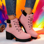 Botas de salto alto bege femininas com design de atacadores, biqueira redonda, salto bloco, botas de inverno elegantes, botas de inverno|Botas de biqueira redonda|Botas de atacadores